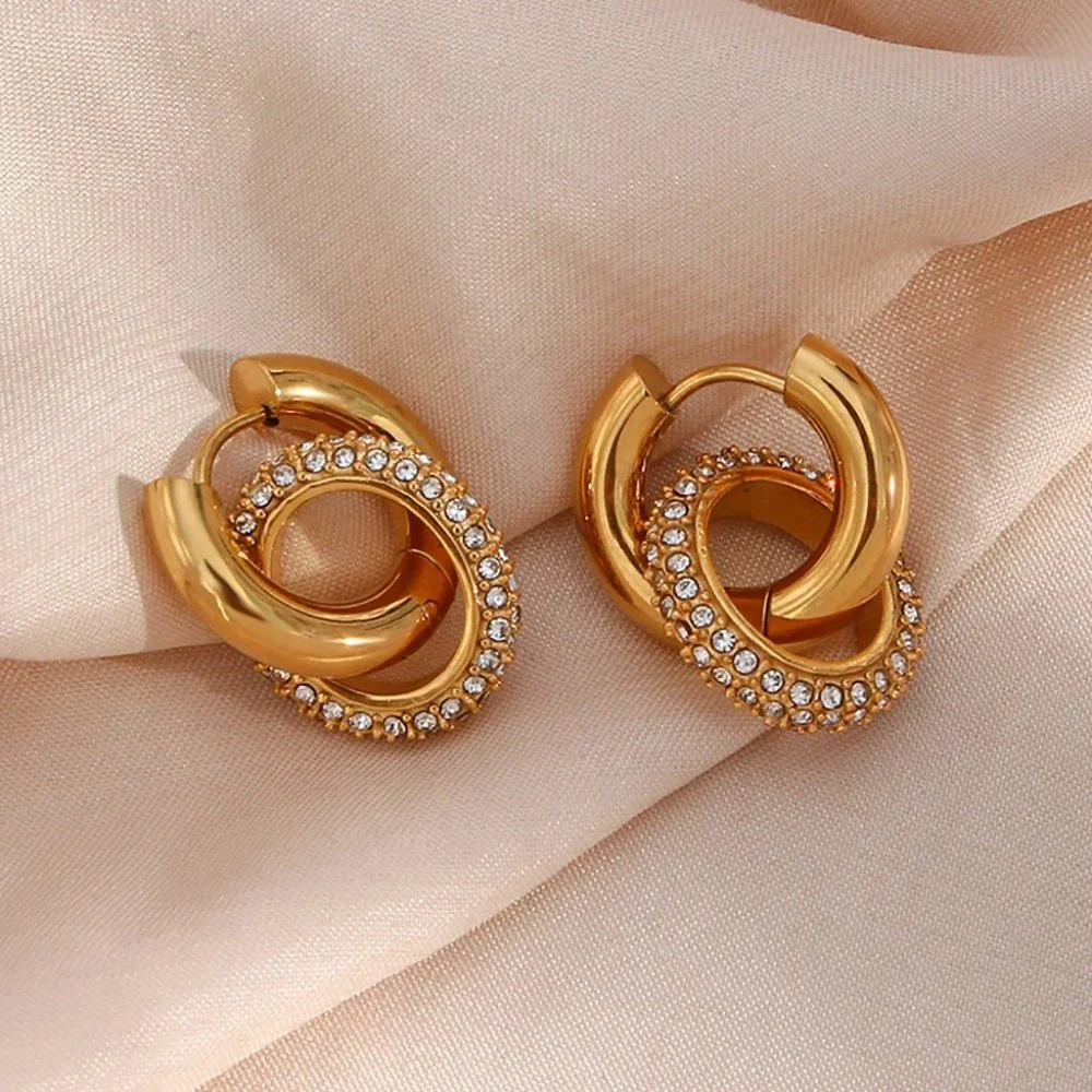 Chunky Micro Pave Zircon Double Hoop Earrings 18K Gold Plated Stainless Steel - Picture 4 of 10